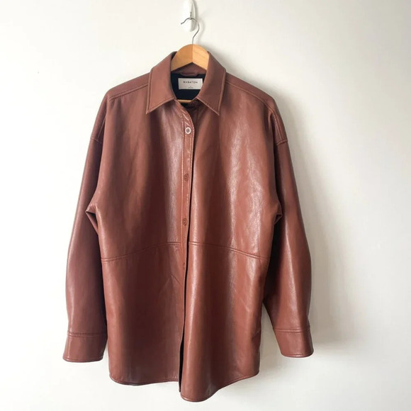 Aritzia Babaton Pelli Faux Leather Vegan Shirt Jacket Cognac Brown Size Large - Picture 4 of 8